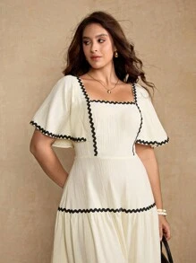 Roveilla 大码女式优雅拼色缎带饰腰中长连衣裙 - 杏色 - 查看 7