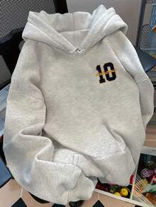 SHEIN 女式字母印花长袖休闲宽松连帽运动衫 - 淺灰色 - 查看 2