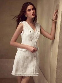 MOTF PREMIUM TWEED V-NECK RAW TRIM DOUBLE BREASTED PLACKET SLEEVELESS SHORT DRESS - Beige - View 2