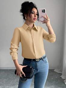Elenzga Camisa feminina casual/de trabalho, de cor sólida, manga comprida, abotoamento simples - Caqui - Ver 1