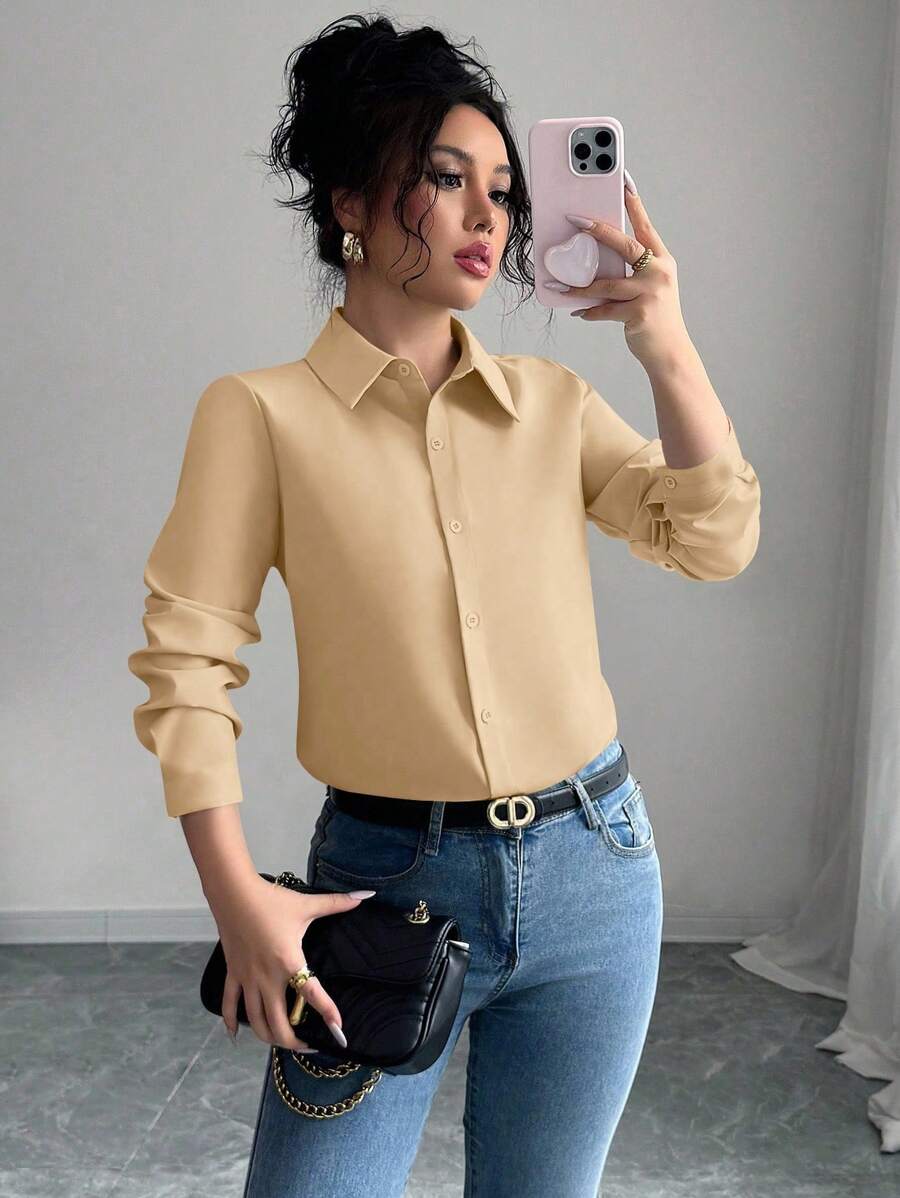 Elenzga Camisa feminina casual/de trabalho, de cor sólida, manga comprida, abotoamento simples - Caqui - Ver 1
