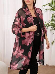 SHEIN Clasi 大码女式花卉印花荷叶边袖单排扣宽松长衬衫