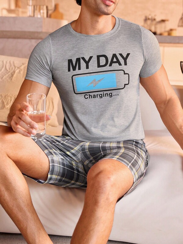 Manfinity Underwear&Sleepwear Basics Teen Boy Round Neck Short Sleeve Letter Print Casual Summer Pajama Set