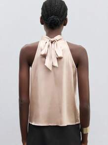 Maija Women's Lace-Up Satin Halter Neck Exposed Shoulder Blouse, Formal & Urban Casual Wear, Office Lady Outerwear,Autumn Outfits For Women, Christmas Women's Clothing - Khaki - View 3