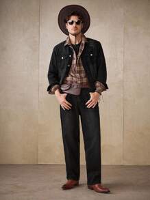 Manfinity Homme Men's Black Denim 2 Pieces Set, Fashionable Jacket Coat & Loose Wide-Leg Pants, Autumn/Winter - Black - View 5