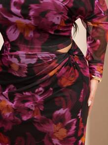 SHEIN BAE Plus Size Women's Date Night Minimalist Elegant Comfortable Asymmetric Neck Pleated Top And Low Waist Twist Knot Skirt Elegant Lady's 2 Pieces Set/Fall Two Pieces Sets/Top And Skirt Set/Knit Set,Purple And Black Printed Long Mesh Two Pieces Suit,Fall Women Clothes,Halloween,Back To School Clothes,School Clothes,Christmas,Winter,Summer Dresses For Women,Wedding Guest Dress Women Curve,Plus Size Dresses,Birthday Outfits For Women,Vacation Outfits Woman,Formal Dresses For Women,Western Wear Women,Purple Set,Mesh - Purple - View 7