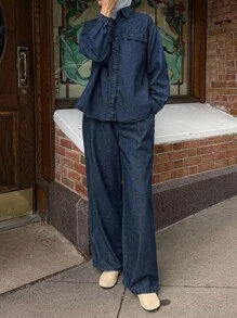 DAZY Women's Casual Button-Up Shirt & Jeans Pants Suit Modest Fashion - Blue - View 4