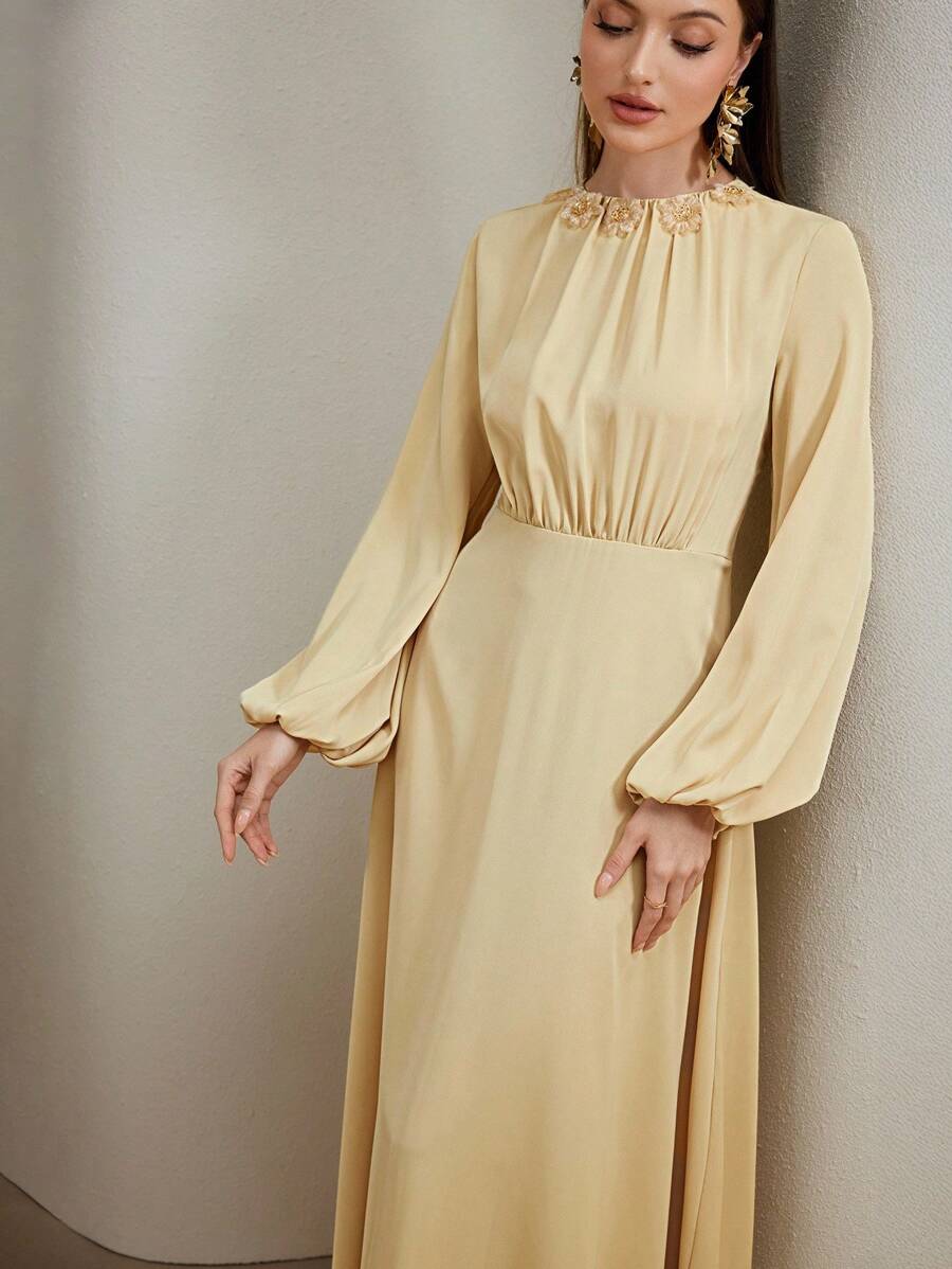 Veilorie Women's Elegant 3D Floral Decor Lantern Sleeve Dress   National Day  Modest Dresses For Women  Wedding Guest Dress Elegant   Fall Clothes For Women - Yellow - View 1