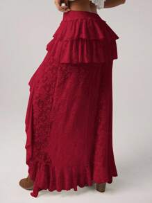 SHEIN ICON 前短后长蕾丝分层不对称下摆半身裙 - 紅色 - 查看 2