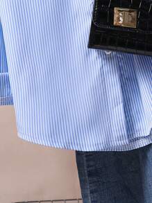 1pc Girls' Turndown Collar Long Sleeve Button-Up Striped Shirt With Embroidered Front Graphic, Casual Blouse For Autumn Fall Winter