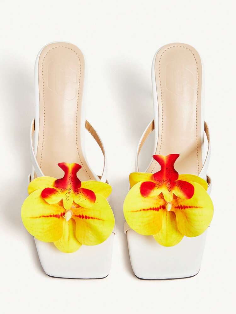CUCCOO CHICEST Women's Iris Flower Strap Criss-Cross Square Toe Stiletto High Heel Sandals, Elegant Sweet Romantic Sexy, Yellow White Faux Leather, Suitable For Afternoon Tea, Date, Party, Vacation, Beach