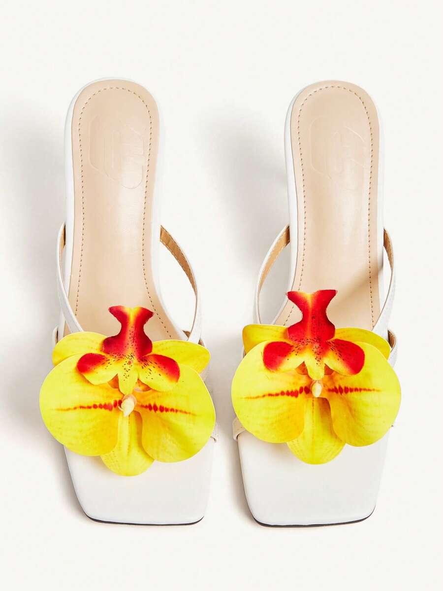 CUCCOO CHICEST 女士鸢尾花绑带交叉方头细高跟凉鞋，优雅甜美浪漫性感，黄白色仿皮，适合下午茶、约会、派对、度假、海滩 - 白色 - 查看 1