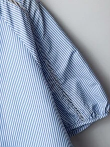 EMERY ROSE Plus Size Cotton Ruffles Splice Hollow-Out Striped Long Blouse, Blue-White, Casual Resort Wear, Suitable For Spring And Summer Country Concert Countrys Women