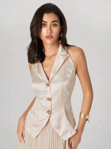 Modelyn Women's Elegant Cream 2 Pieces Set,Summer Lapel Neck Metal Starfish Decor Vest And Pleated Mini Skirt,Fashion Date Party Khaki Stitching Casual Dress - White - View 1