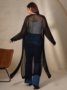 Chikora Plus Size Casual Solid Color Hollow Out Knit Sheer Cardigan Sheer Cardigan Women Sheer Outfits For Women Long Sheer Cardigan Black Sheer Cardigan Boho  Business Casual Woman Curve  Goth Winter Fall Autumn - Black - View 3