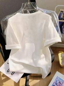 SHEIN Camiseta de mujer de manga corta, cuello redondo, lisa, minimalista y de moda, apropiada para el verano - Multicolor - Ver 2