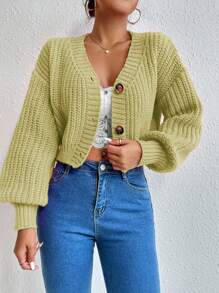 EURMUSE 女士纯色落肩长袖单排扣休闲宽松开衫 - 黃色 - 查看 6