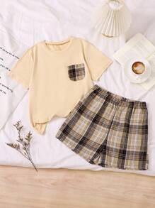 2pcs Boys' Casual Comfortable Short Sleeve T-Shirt And Plaid Shorts Pajama Set,Back To School