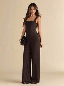 SHEIN BAE 女士优雅性感纯黑色细肩带阔腿连体裤，露背蝴蝶结设计，适合日常穿着、约会、郊游、派对、聚会、优雅女士分层穿着、外出服装、情人节、休闲、优雅、度假 - 咖啡棕 - 查看 4