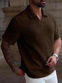 Manfinity Homme Kemeja Polo Lengan Pendek Polos Kasual Pria Ukuran Besar, Musim Panas - Coffee Brown - View 5