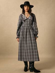 Easelle Women's Black And White Checkered Floral Embroidery Peter Pan Collar Puff Sleeve Long Skirt,Retro Casual Loose Autumn Boho Vacation Fall Clothes - Black and White - View 4