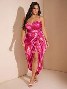 SHEIN BAE Plus Size Fall Elegant Party Woman Green Floral Satin Print Swing Neck Spaghetti Strap Draped High Slit Midi Dress - Pink - View 5