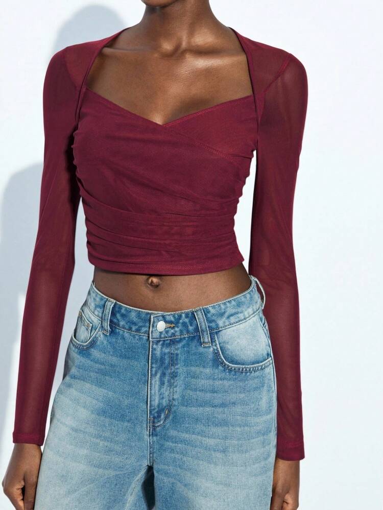SHEIN Maija Women's Angora Reddish Brown Side Gathered Design Versatile Modern Urban Fashionable Essential Top, Featuring Boat Neck, Long Sleeve, Side Gathered Details, Metal Buckle Accent, Suitable For Business Casual Red Mesh Top Burgundy Mesh Top Red Crop Top Dark Red Crop Top Burgundy Crop Top Business Casual Women's Office Wear Low-Key Old Money Style Effortless Temperament High-End Urban Commuting King Magazine Editor-In-Chief Same Style Urban Social Vacation Party Wear Charming Women's Airport Clothing Stockholm Style All-Season