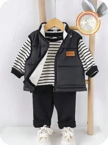 SHEIN 3 件套男婴/女婴秋冬可爱休闲厚垫背心夹克、黑白条纹连帽衫、黑色慢跑裤运动服、男女通用婴儿服装、婴儿冬装