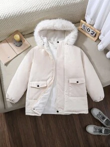 Tween Boy Solid Color Long Sleeve Zip Front Faux Fur Hooded Winter Jacket - Multicolor - View 3