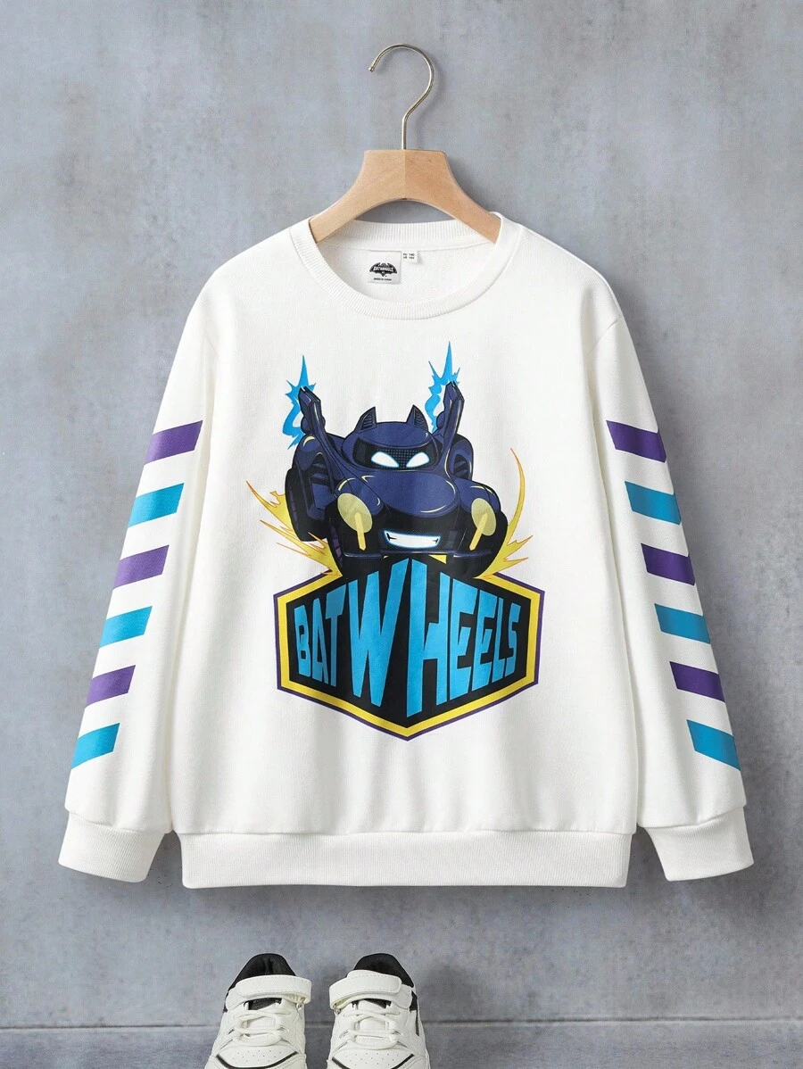 Batwheels X SHEIN 青少年男孩汽车印花撞色条纹圆领运动衫