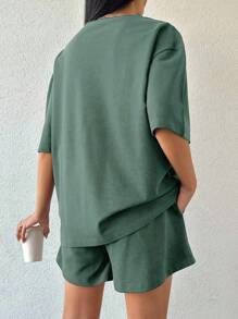 EURMUSE 100%Cotton Women Solid Color T-Shirt & Embroidery Detailed Shorts