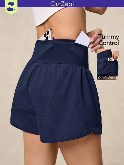 OutZeal 女式收腹透气弹力内置短裤可收纳口袋运动短裤健身房网球跑步