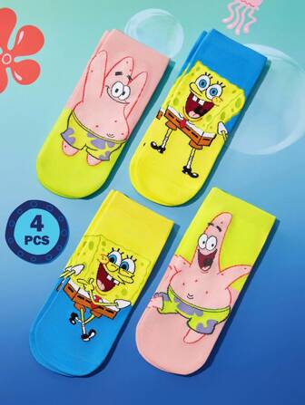 SpongeBob SquarePants X SHEIN Lot de 2 paires de chaussettes décontractées pour homme, douces et respirantes, évacuant l'humidité, avec bout et talon renforcés, à la mode et mignons, roses et bleus, unisexes, pour toutes les saisons, idéales pour l'été et l'hiver