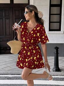 SHEIN Unity Beach Vacation Style Lemon Print Cinched Waist Versatile Dress Summer Dress Clothes For University - Burgundy - View 5