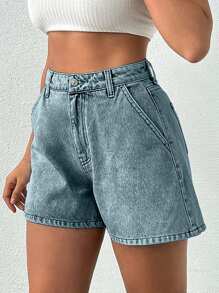 EURMUSE 100%Cotton Snow Wash Denim Shorts For Summer - Light Wash - View 3