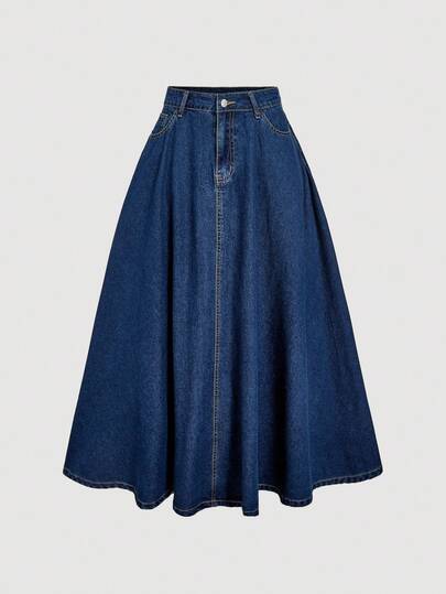 SHEIN MOD 女式口袋褶皱休闲牛仔 A 字裙 A 字牛仔裙、女式秋季服装、万圣节服装、商务休闲女装、女式休闲裙、女式牛仔裙、女式优雅裙、女式秋季裙、大码秋季服装、乡村音乐会、女式优雅裙