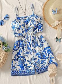 梭织印花吊带背心、女式扭纹镂空连体裤、印花图案女式夏装、女式度假装、波西米亚风时尚装、女式沙滩装、休闲飘逸波西米亚风女装、女式热带风情装 - 藍色 - 查看 7