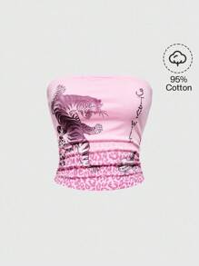 ROMWE Grunge Punk Y2K Retro Sexy Tiger & Leopard Print Women Tube Top/Bandeau - Pink - View 1
