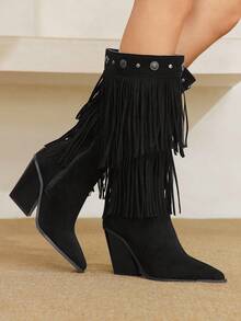 Styleloop Women's Black Patchwork Black Riding Boots, Western Style Thigh High Pointy Toe Boots - Black - View 5