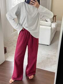 DAZY 纯色宽松T恤上衣和格子长裤女士睡衣家居服套装，秋冬服装，舒适套装 - 淺灰色 - 查看 5