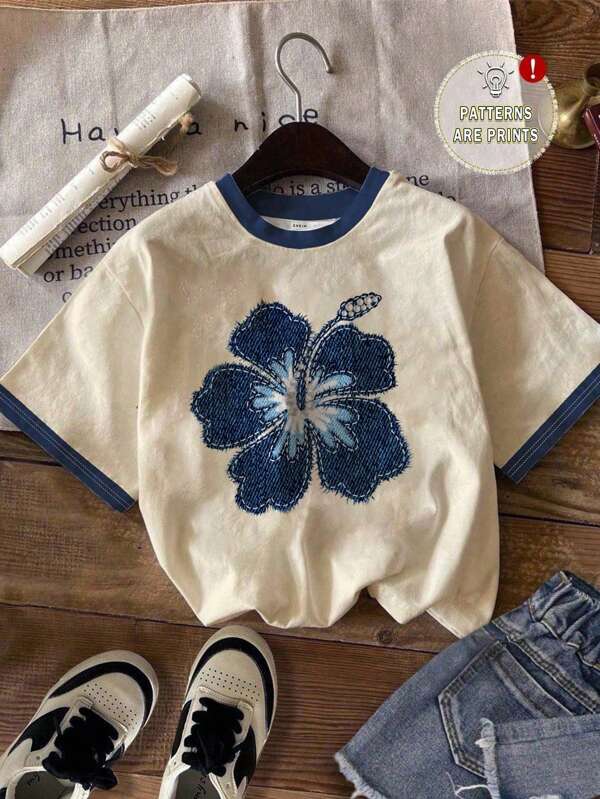SHEIN EZwear Casual Minimalist Blue Floral Pattern Round Neck Short Sleeve Loose Women T-Shirt, Suitable For Summer Hibiscus Shirt Suitable For Going Out