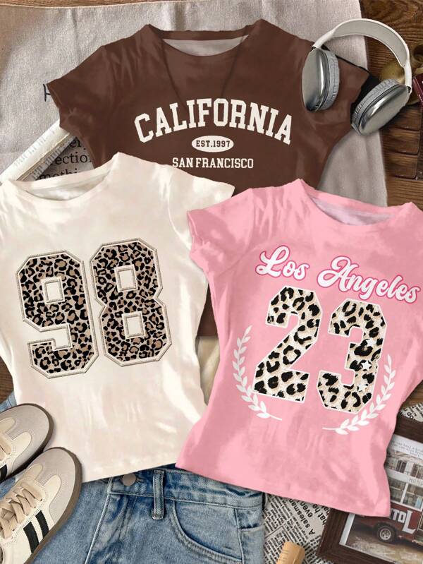 Set de 3 piezas Camiseta gráfica de estilo vintage, deportiva y universitaria con estampado de leopardo y números 98, letra leopardo 23, para adolescentes, top corto de manga corta, cintura alta, regular, adecuado para el verano, en color melocotón claro, rosa, marrón oscuro