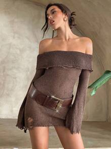 Aloruh Vestido de suéter ajustado con hombros descubiertos, cuello con volantes y mangas acampanadas, para mujer, para primavera/verano y otoño/invierno - Café integral - Ver 3