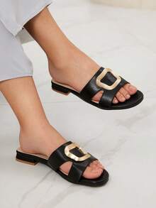 Sleekvia Women's Black Square Toe Metal Buckle Hollow Out Flat Sandals, Basic Beach Casual Elegant Style - Black - View 4
