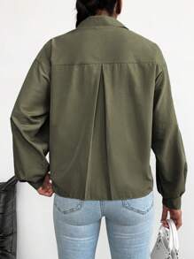 EURMUSE Cotton Solid Drop Shoulder Oversized Shirt - Army Green - View 2