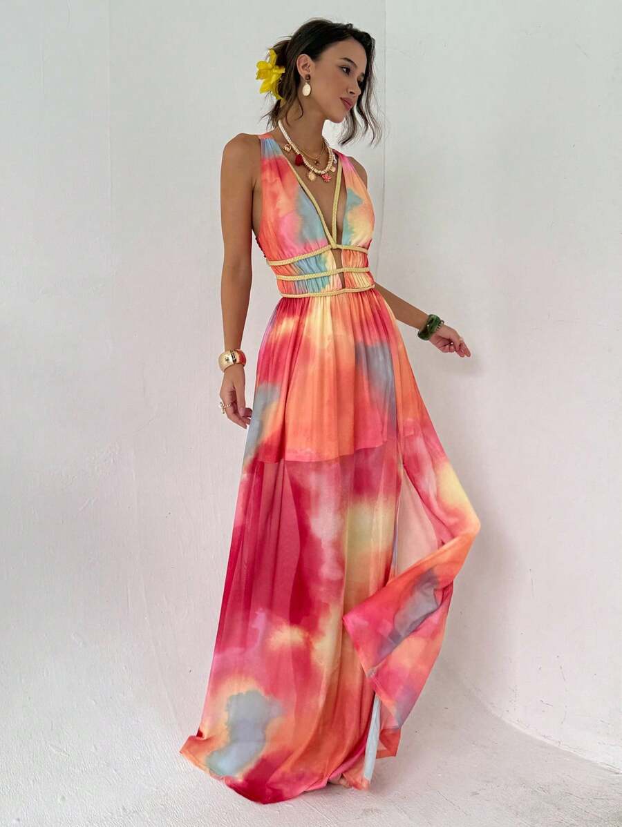 Aloruh 女式深V领扎染印花无袖连衣裙 - 粉色 - 查看 1