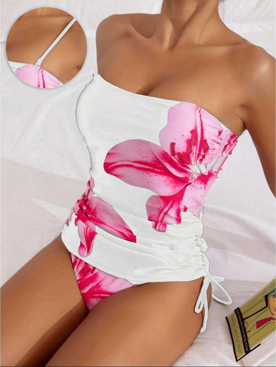 SHEIN Swim 女款印花坦基尼泳衣套裝,優雅度假休閒風 - 白色 - 查看 1