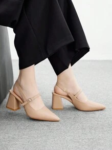 CUCCOO BIZCHIC Giày cao gót mũi nhọn da PU quai hậu màu mơ, thích hợp đi làm, hẹn hò, tiệc tùng, đi nghỉ - Màu be - Xem 5