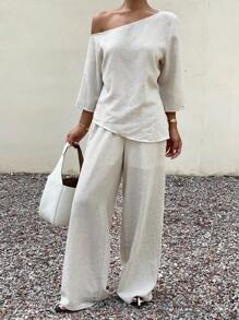 Livesso 2pcs/Set Women's Loose Casual Cotton Linen Style Solid Color Outfit, Autumn - White - View 1
