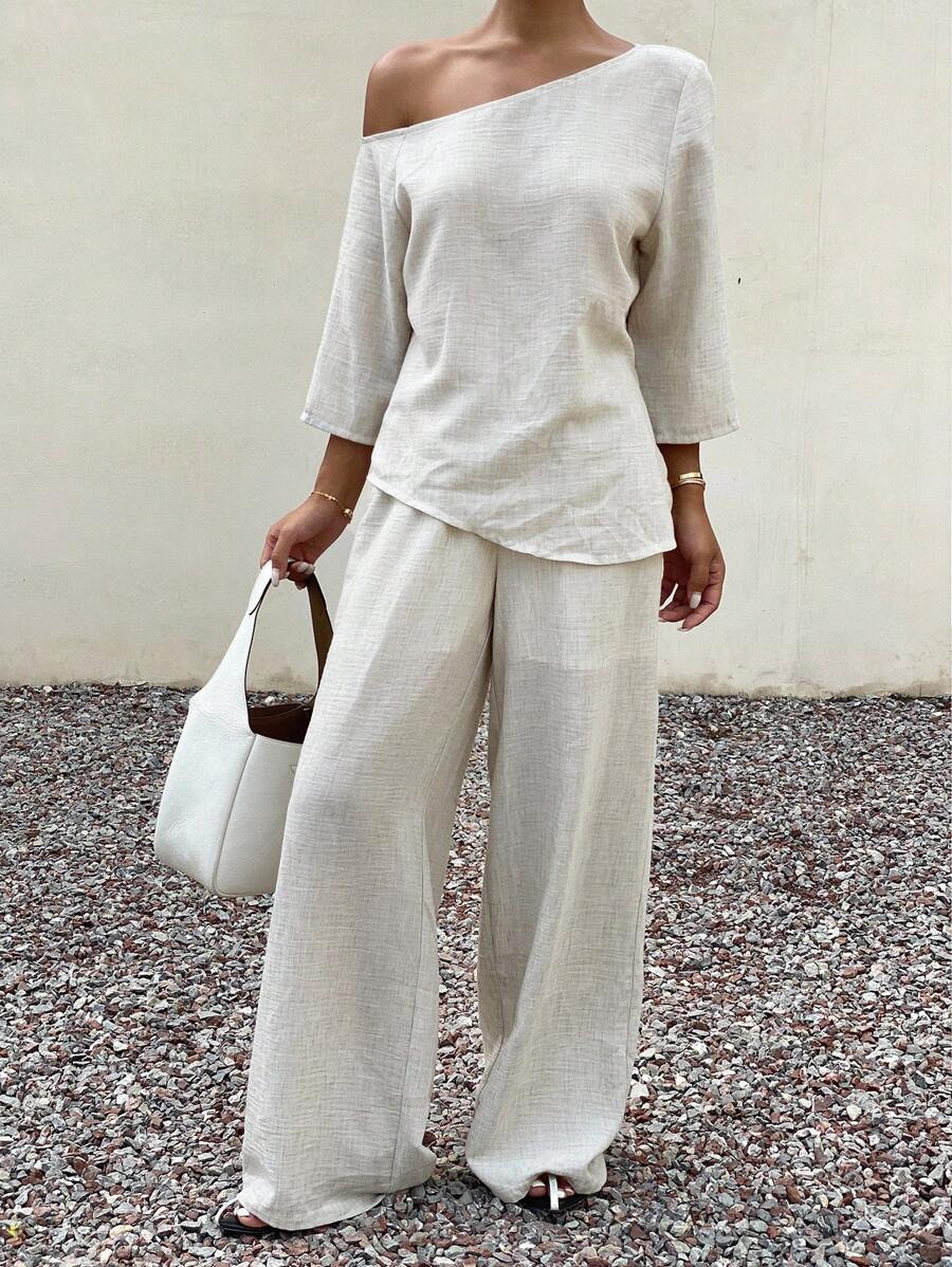 Livesso 2pcs/Set Women's Loose Casual Cotton Linen Style Solid Color Outfit, Autumn - White - View 1